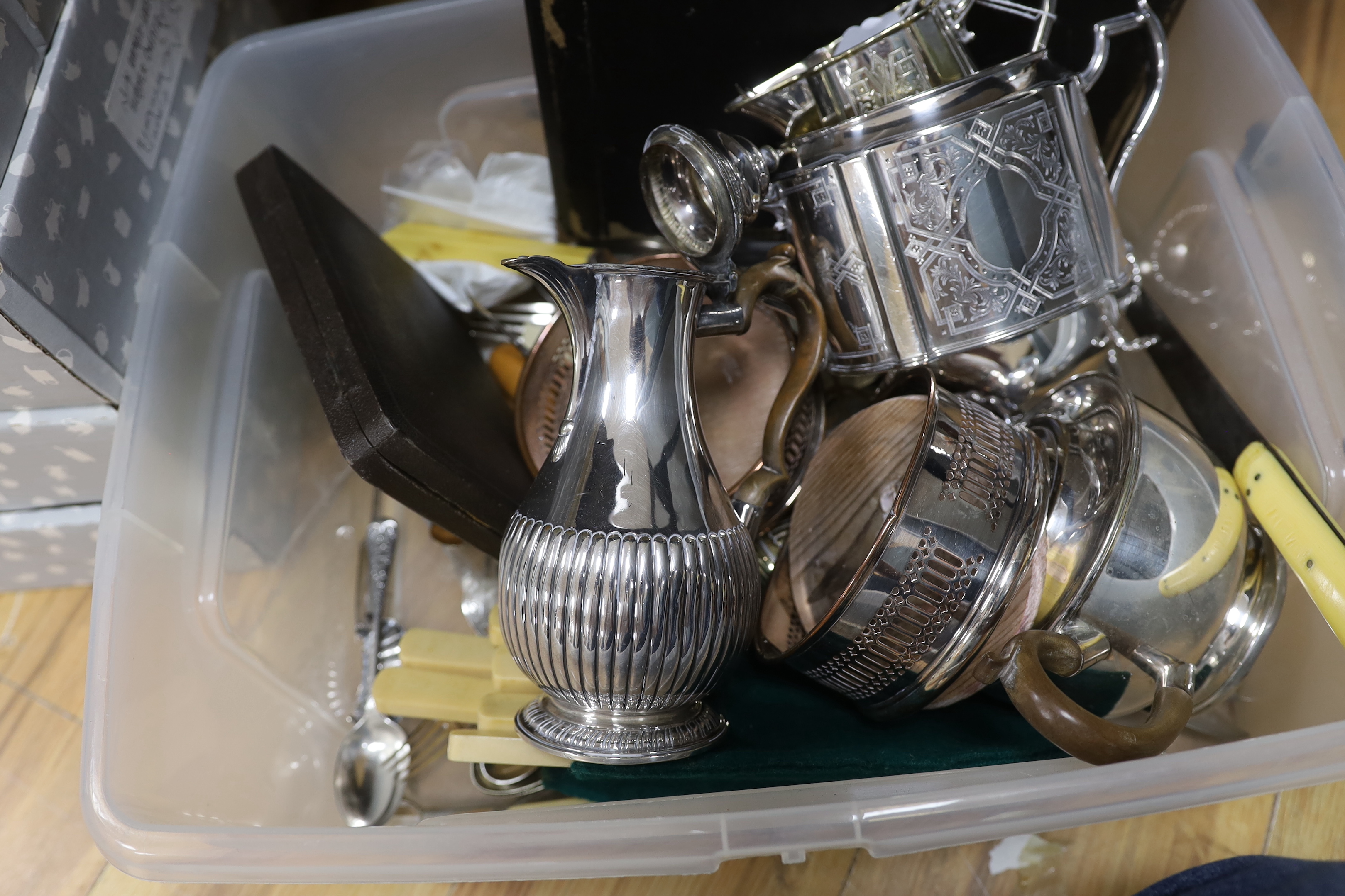 Sundry plated wares including cased set of silver handled knives, plated wine coasters and candlesticks